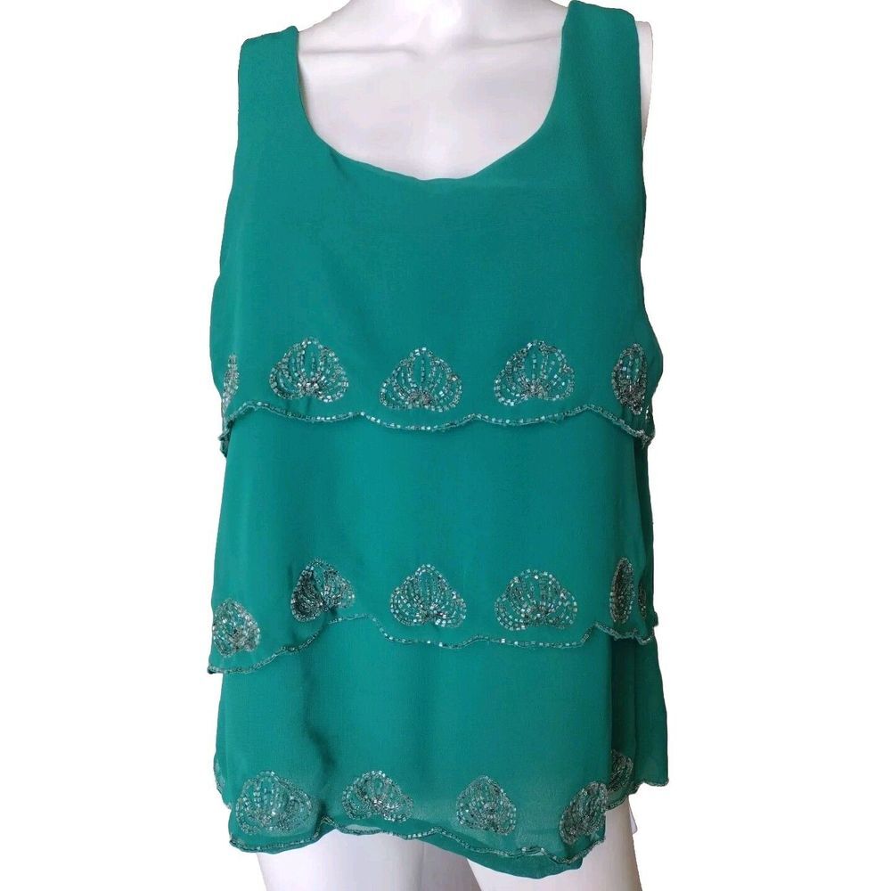 FOREVER 21 Blouse Woman L Green Layered Sheer‎ Beaded Sleeveless Party Casual